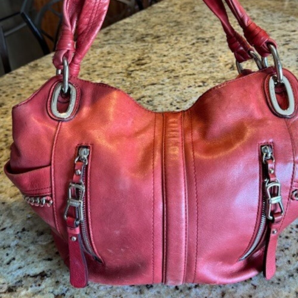 B Makowsky Buttery Soft genuine Leather Hobo Bag In Red with chain detail
